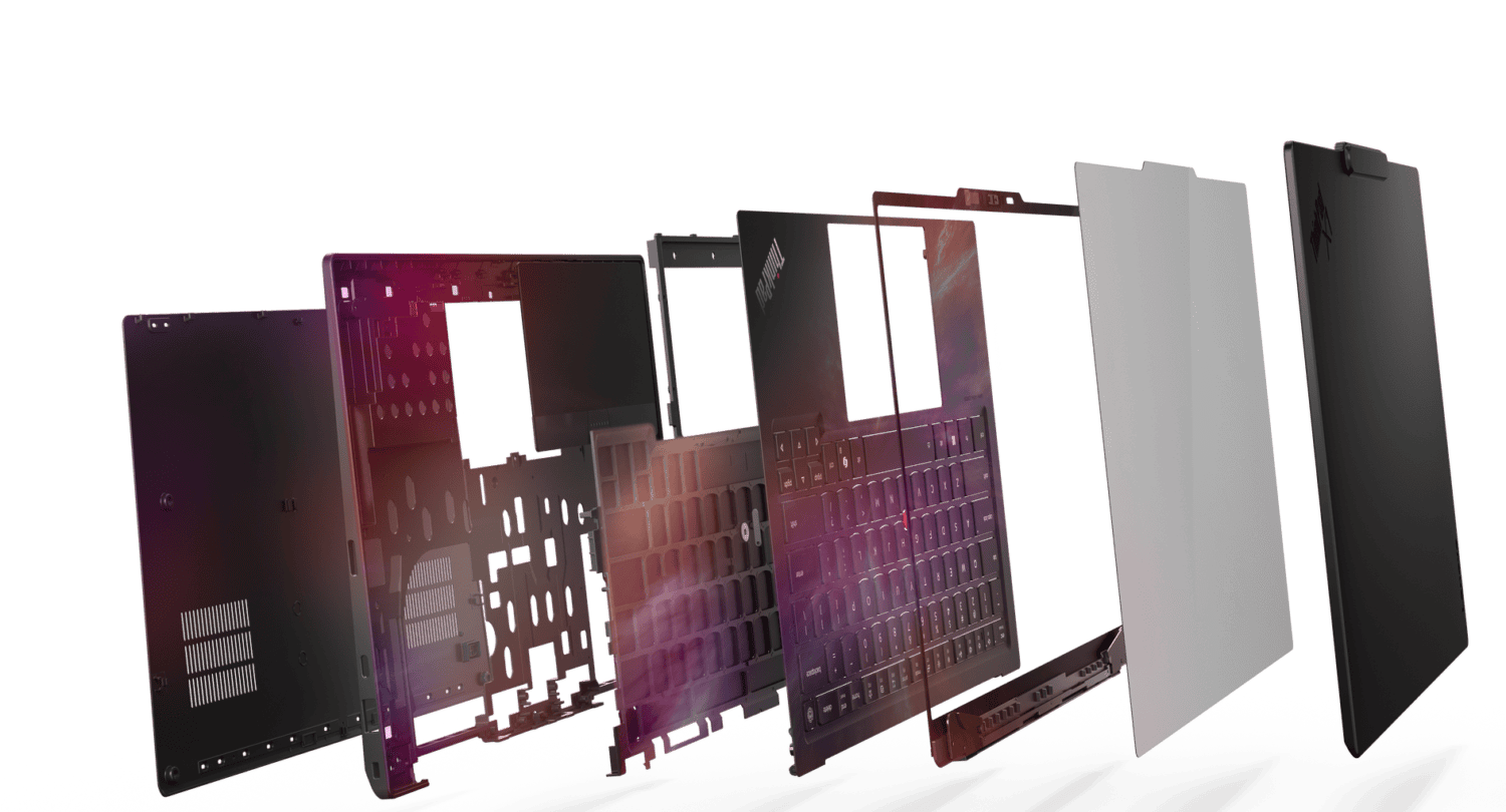 Exploded view van een modulaire laptop met individuele interne en externe componenten, waaronder de behuizing, het toetsenbord, het frame en het scherm, allemaal gescheiden en uitgelijnd in volgorde.