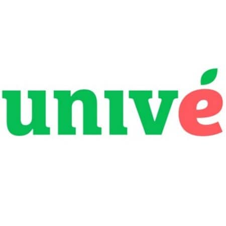 Het woord "univé" in vette kleine letters; "univ" in groen en "é" in roze met een groen blaadje op het accent.