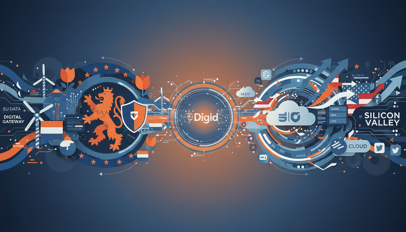 Conceptillustratie van de digitale poort met de Nederlandse leeuw, schild, windmolens, wolken, verwijzingen naar de EU en Silicon Valley, "DigiD" in het midden, blauwe en oranje accenten en een knipoog naar de Solvinity-naam Kyndryl.