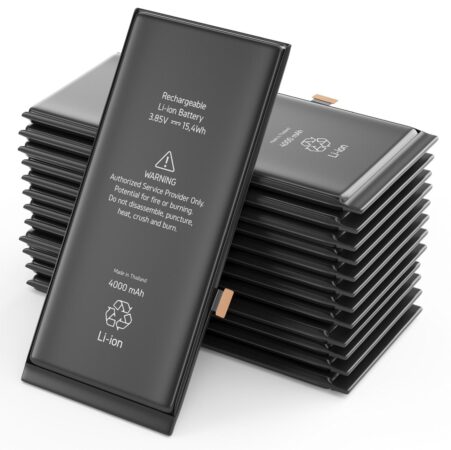 Een stapel rechthoekige oplaadbare lithium-ionbatterijen, vaak gebruikt in smartphones, met gedrukte specificaties en waarschuwingslabels op het oppervlak.