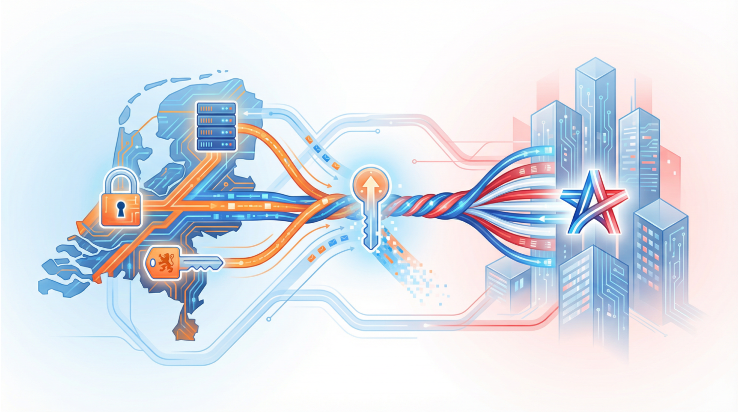 Digitale illustratie van een netwerktransitie van een beveiligd, vergrendeld systeem aan de linkerkant naar een verbonden, gegevensrijke stad met een stersymbool aan de rechterkant, geïnspireerd op de Solvinity-overname Kyndryl-transformatie.