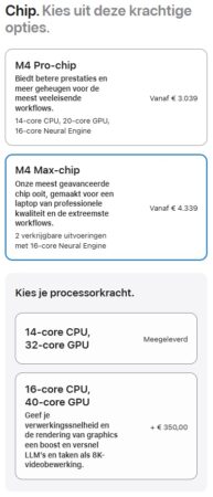 Vergelijking van Apple M4 Pro en M4 Max chipopties in het Nederlands, met Apple specificaties, prijzen en CPU/GPU-configuraties voor het kiezen van de juiste verwerkingskracht.