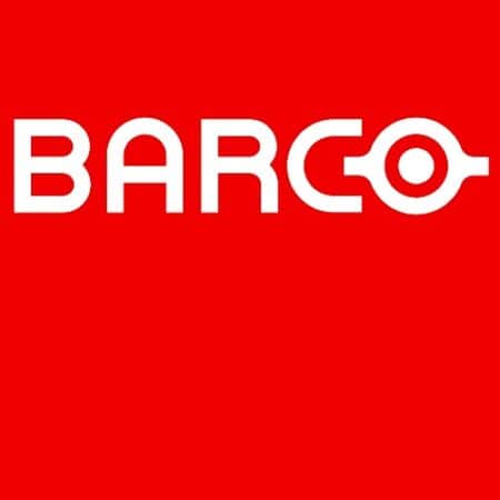 Wit "BARCO" logo met gestileerde "O" op een effen rode achtergrond.