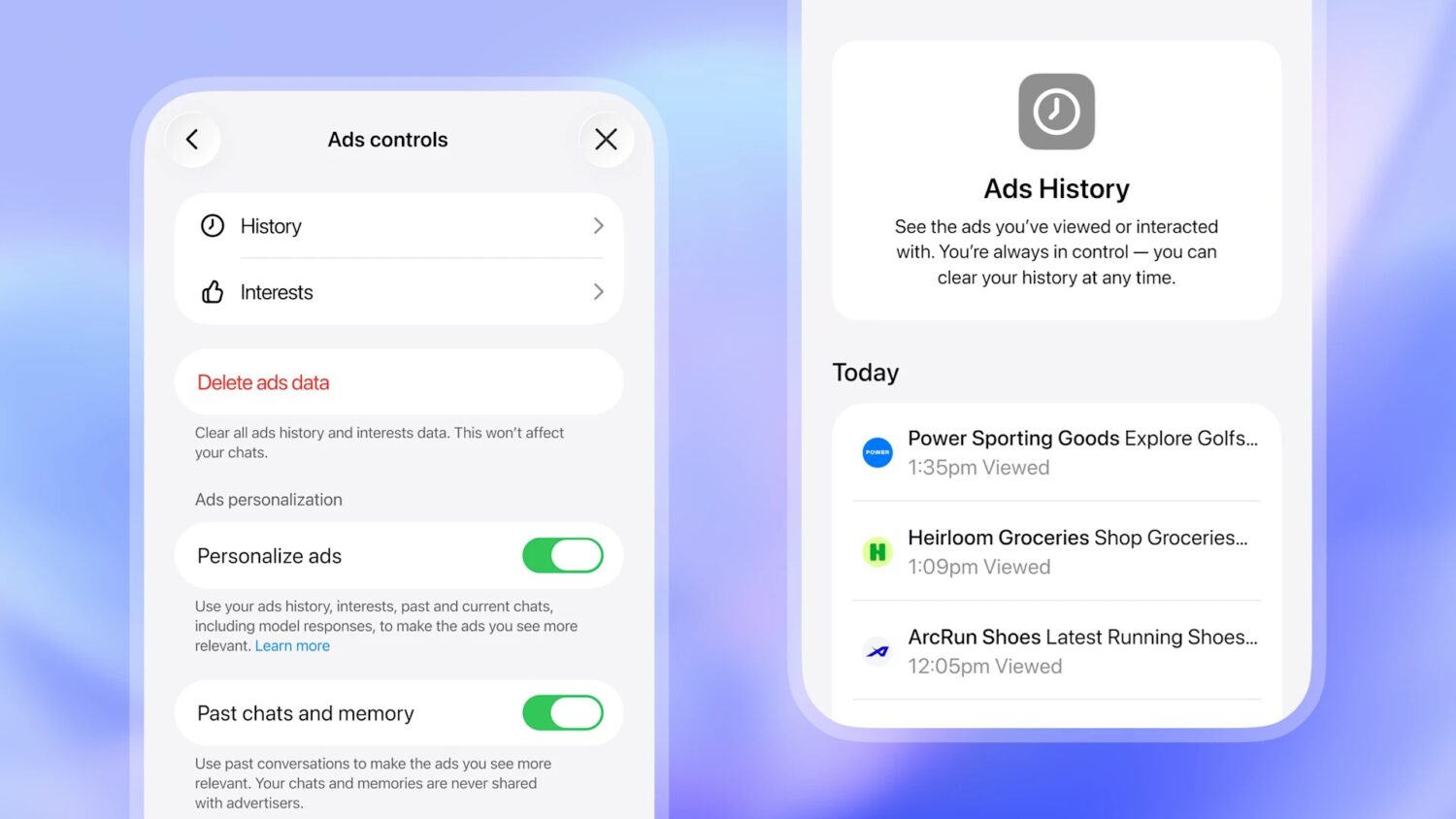 Twee smartphoneschermen tonen advertentiebesturingselementen en instellingen voor de advertentiegeschiedenis, met opties voor het personaliseren van advertenties, het verwijderen van gegevens en het bekijken van recent bekeken advertenties van verschillende bedrijven.
