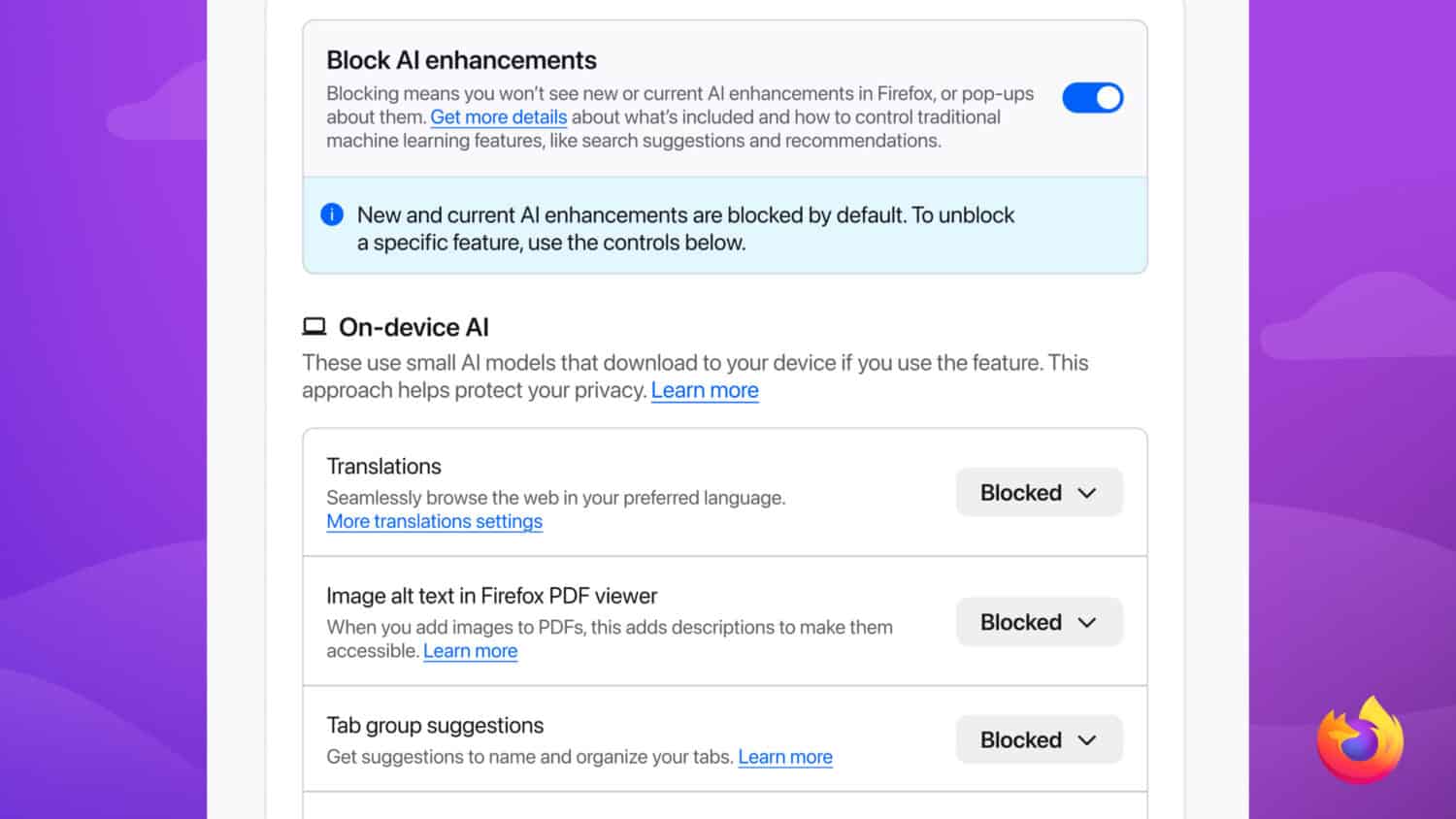 Firefox-instellingenscherm met opties om AI-uitbreidingen, AI op het apparaat, vertalingen, alt-tekst van afbeeldingen in PDF's en suggesties voor tabbladgroepen te blokkeren, met de meeste functies ingesteld op "Geblokkeerd".