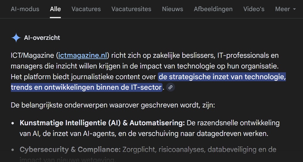 Screenshot van een Nederlandse website sectie die ICTMagazine's focus op technologiestrategie, trends en ontwikkelingen binnen de IT-sector beschrijft, met uitgelichte tekst over Google AI Overview.