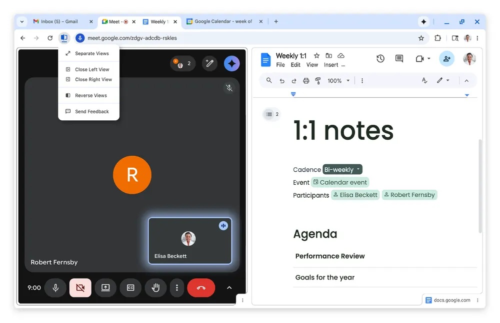 Links staat een Google Meet-oproep open met twee deelnemers, rechts een Google Doc met de titel "1:1 notities", beide op een computerscherm.