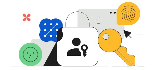 Illustratie van een hangslot, sleutel, vingerafdruk en digitale beveiligingspictogrammen die staan voor privacy van de gebruiker, gegevensbescherming en een sterk wachtwoordbeleid.