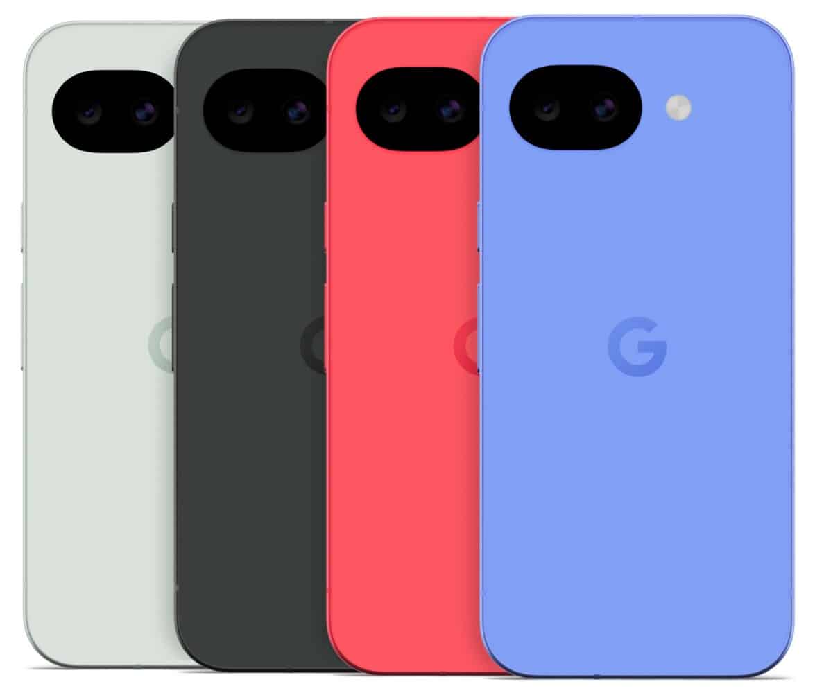 Vier Google Pixel 10a smartphones worden getoond vanaf de achterkant in de kleuren wit, zwart, rood en blauw, elk met een camera en flitser in de linkerbovenhoek en het Google "G" logo in het midden.