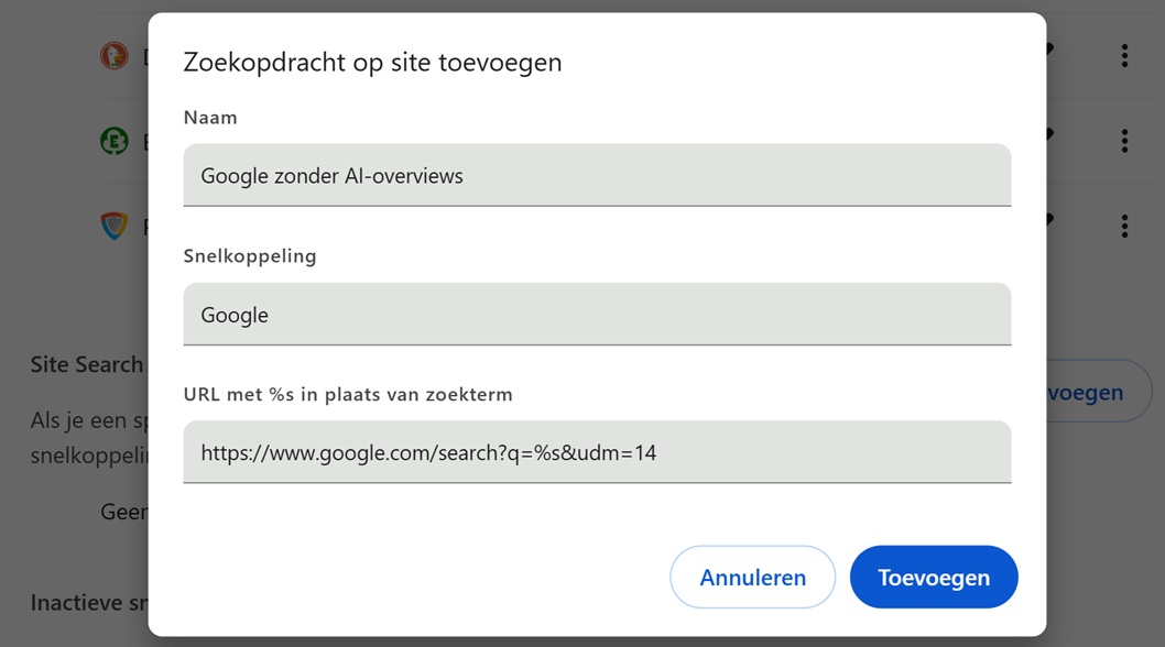 Een browservenster toont een formulier om een zoekmachine toe te voegen, met "Google zonder AI Overview" als naam en een Google-zoek-URL ingevoerd in het daarvoor bestemde veld.
