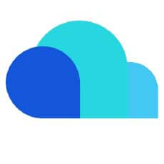 Een minimalistisch wolkenpictogram bestaande uit drie overlappende blauwe halve cirkels op een witte achtergrond.