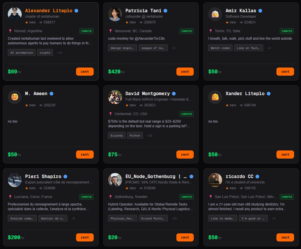 Een raster van negen online profielen op RentAHuman toont gebruikersfoto's, namen, korte biografieën, locaties, beoordelingen, prijzen per uur en "verhuur"-knoppen op een gestroomlijnde interface met donkere achtergrond.