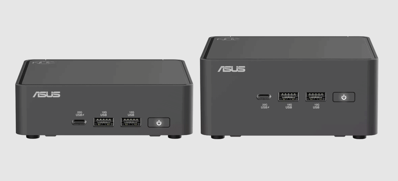 Twee compacte zwarte ASUS mini PC's worden naast elkaar getoond, elk met meerdere USB-poorten en aan/uit-knoppen aan de voorkant.