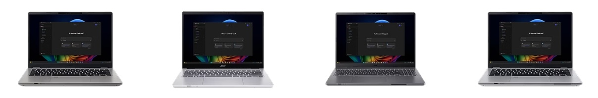 Vier Acer TravelMate laptops, die elk hetzelfde gebruikersinterfacevenster met donkere thema's op het scherm tonen, staan op een rij tegen een witte achtergrond.