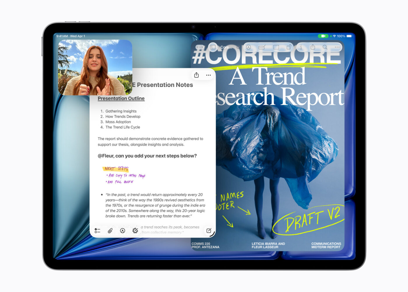 Een tabletscherm toont een videogesprek in de linkerbovenhoek, presentatienotities in het midden en een digitaal trendrapport met de titel "CORECORE" aan de rechterkant.