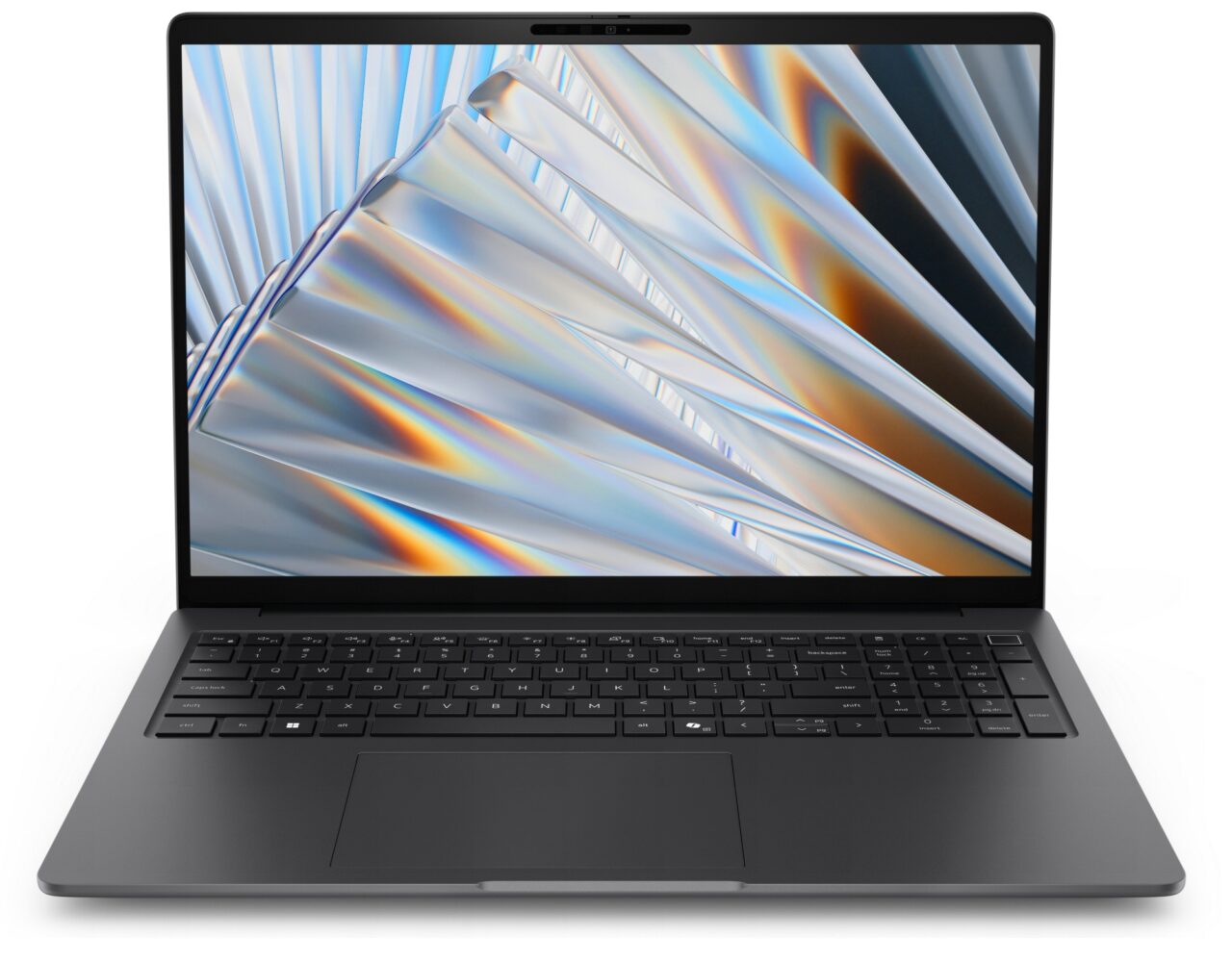 Een zwarte laptop met een groot touchpad en een metallic abstract ontwerp op het scherm.