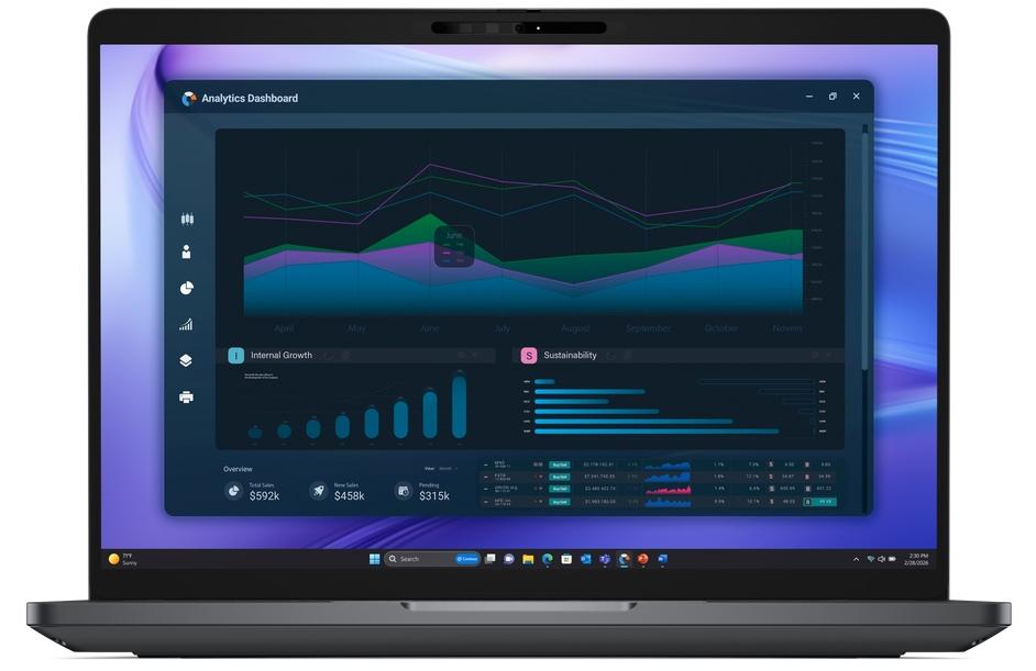 Een Dell Pro Precision 5 Series laptop toont een analysedashboard vol lijngrafieken, staafdiagrammen en datametrics op het scherm tegen een blauwe en paarse achtergrond.
