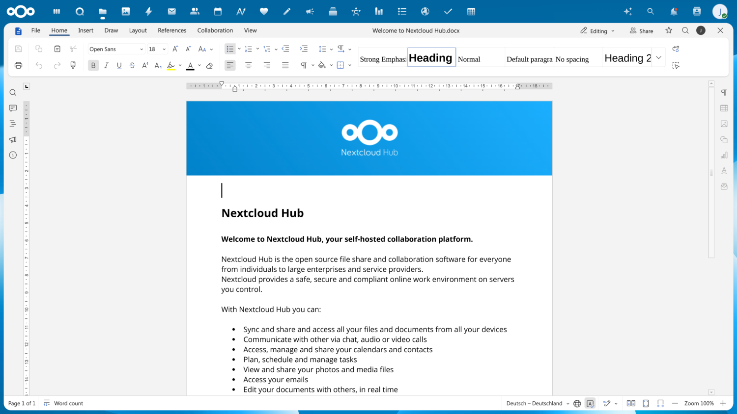 Op een computerscherm wordt een Nextcloud Hub-document weergegeven met een welkomstbericht en een lijst met functies in een documenteditorinterface.