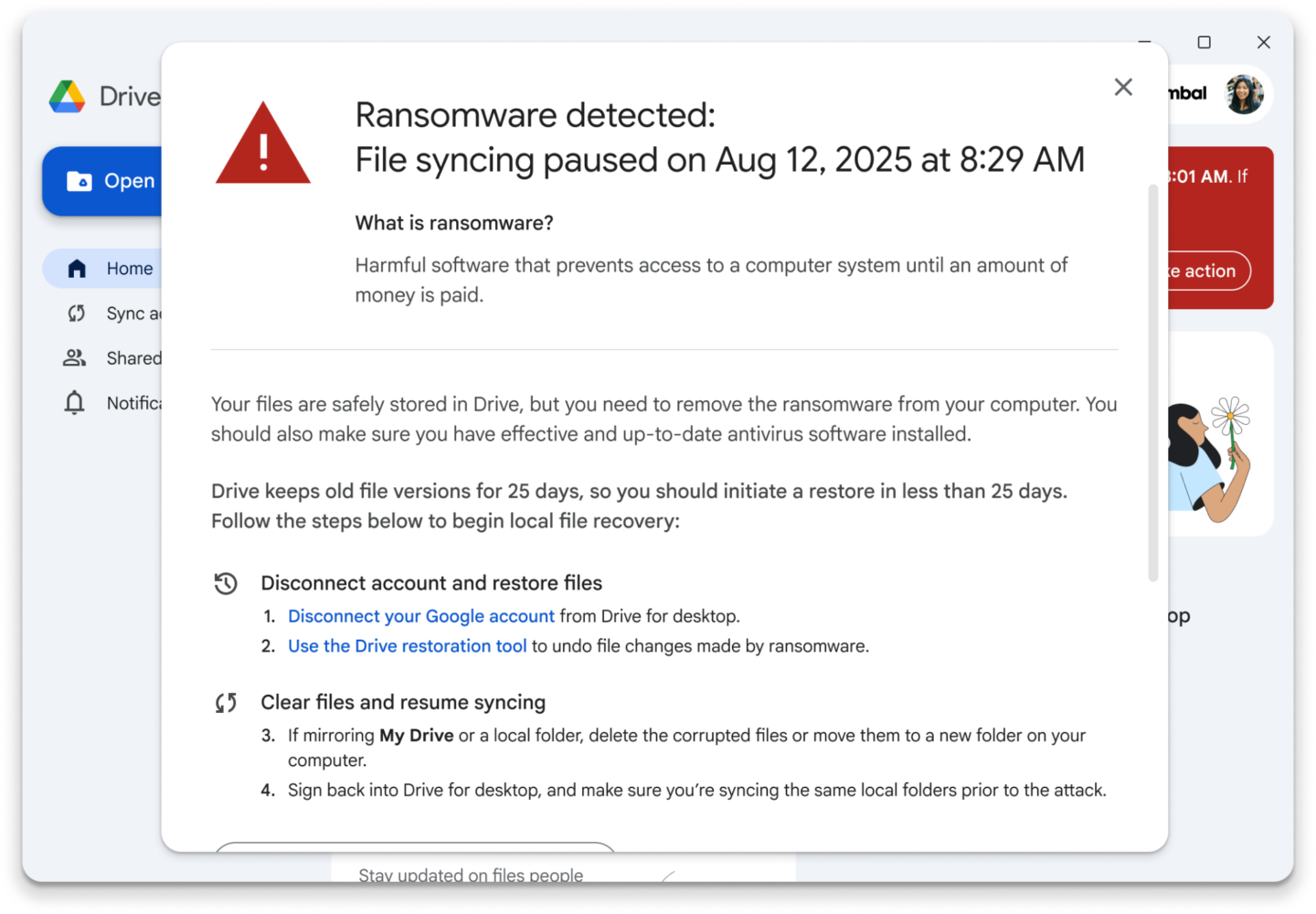In een waarschuwingsbericht op Google Drive staat: "Ransomware gedetecteerd: Bestandssynchronisatie gepauzeerd op 12 aug 2025 om 8:29 AM", met stappen om de ransomware te verwijderen en bestanden te herstellen.