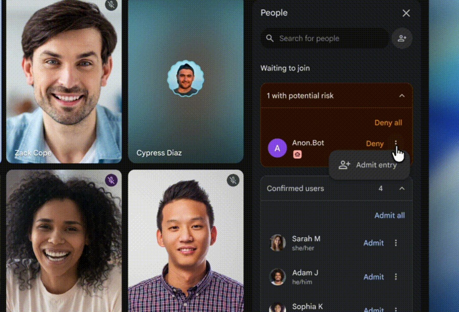 Een interface voor videogesprekken toont de video's van de deelnemers aan de linkerkant en een zijbalk aan de rechterkant met opties voor gebruikersbeheer, met een verzoek gemarkeerd als "potentieel risico".
