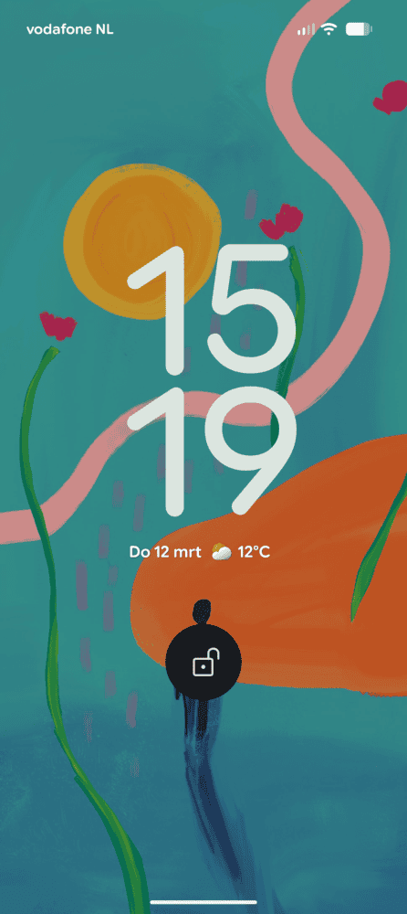 Telefoonvergrendelscherm met de tijd 15:19, datum "Do 12 mrt," temperatuur 12°C, en abstract kunstwerk met zon, bloemen en een persoon. Vodafone NL carrier wordt bovenaan weergegeven-perfect om een Google Pixel 10a review te illustreren.