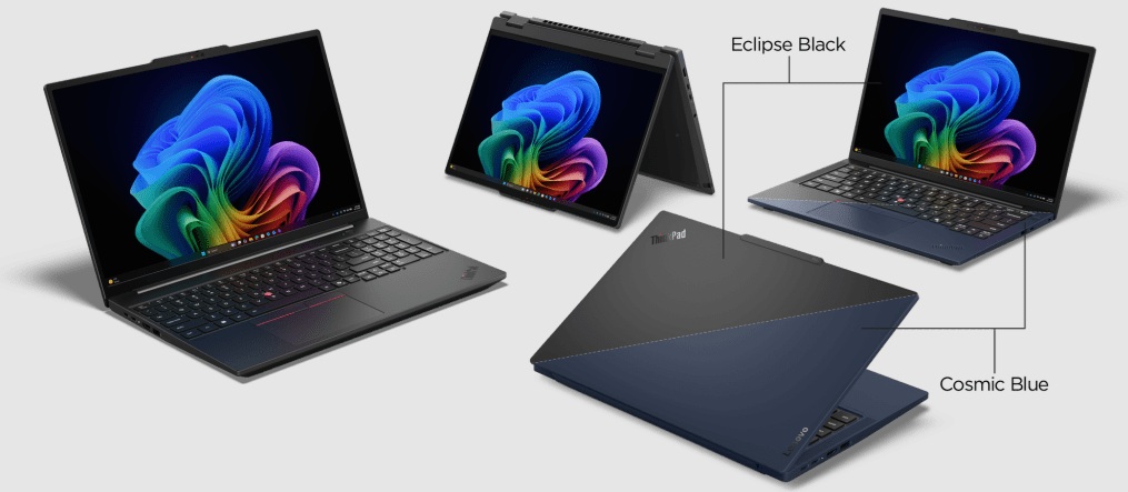 Vier Lenovo ThinkPad laptops worden getoond in verschillende posities en in twee kleuren: Eclipse Black en Cosmic Blue. Elk scherm toont een kleurrijke abstracte werveling op een donkere achtergrond.
