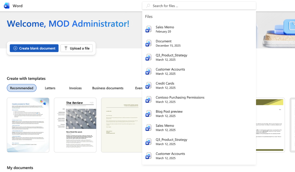 Een dashboard van een Word-toepassing met een welkomstbericht, opties om een bestand te maken of te uploaden, sjablonen en rechts een lijst met onlangs geraadpleegde documenten.