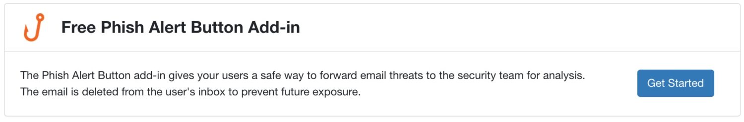 Een webpagina die de Free Phish Alert Button Add-in promoot, met een beschrijving en een blauwe knop "Aan de slag" aan de rechterkant.