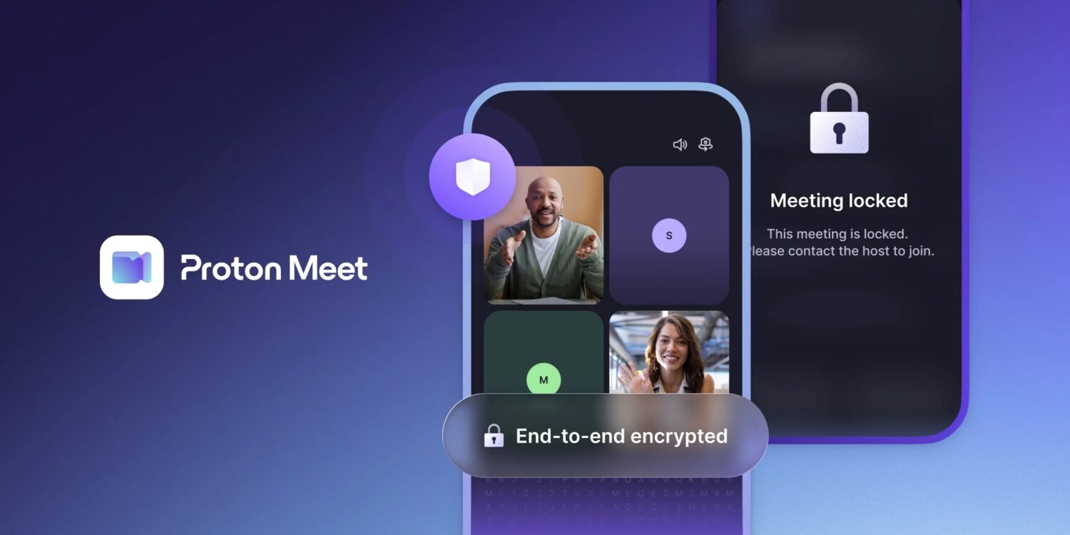 Een promotionele afbeelding voor Proton Meet toont een interface voor videogesprekken, een end-to-end versleuteld label en een melding dat de vergadering is vergrendeld, naast het logo van Proton Meet.