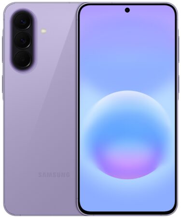 Een lavendelkleurige Samsung smartphone met aan de voorkant een gecentreerde hole-punch camera en aan de achterkant drie verticaal uitgelijnde achtercamera's.