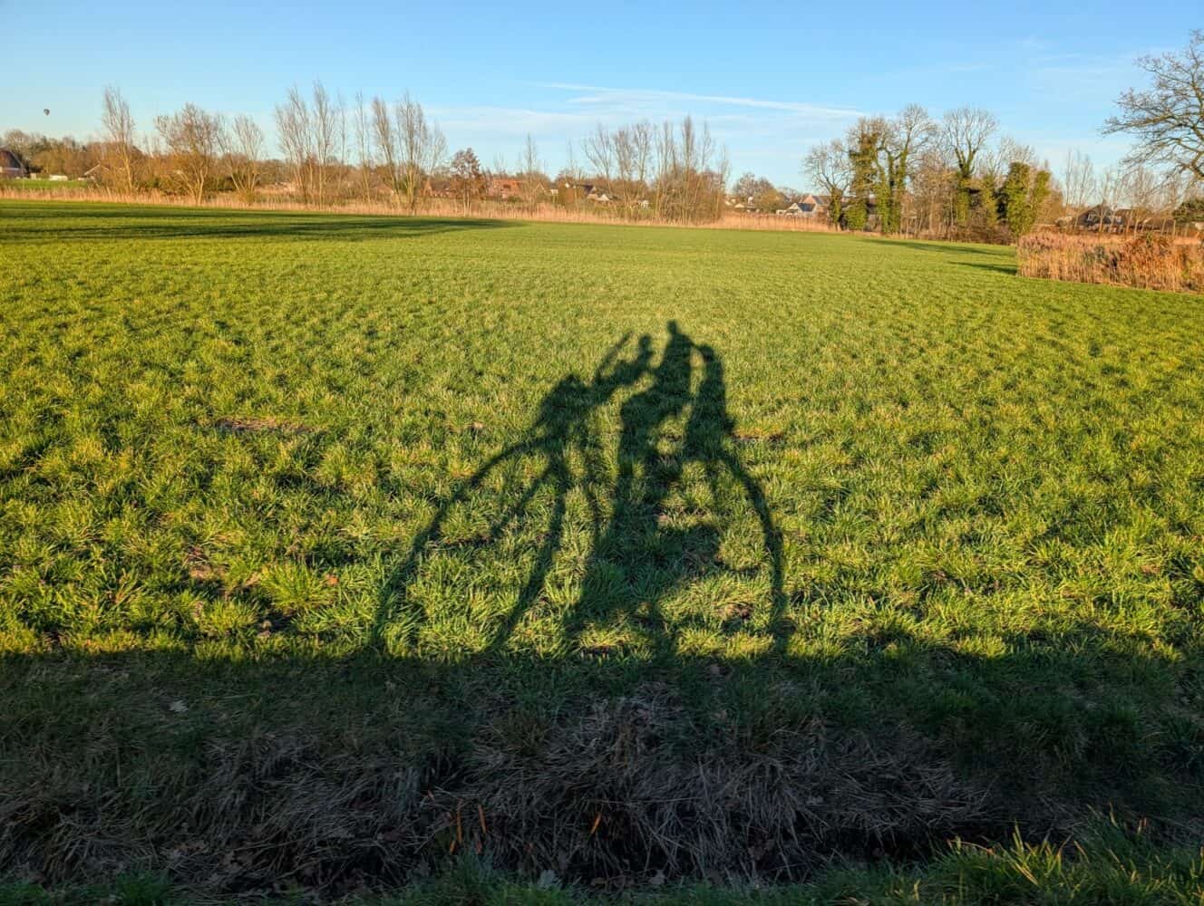 Schaduw van twee fietsende mensen op een grasveld met bomen en huizen op de achtergrond onder een strakblauwe lucht - opgenomen als onderdeel van onze Samsung Galaxy S26 Ultra review.