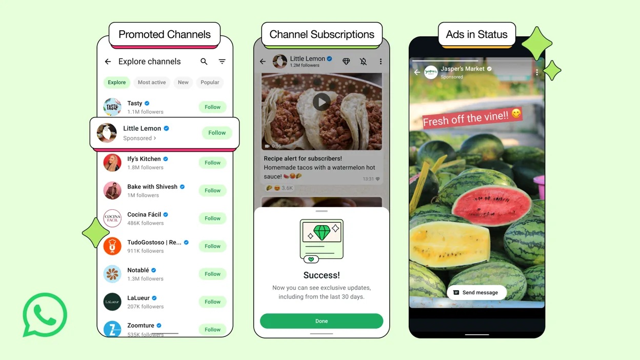 Drie smartphoneschermen met WhatsApp-interfaces: lijst met gepromote kanalen, abonnementsbevestiging voor een kanaal en een advertentie voor watermeloenen in statusupdates.