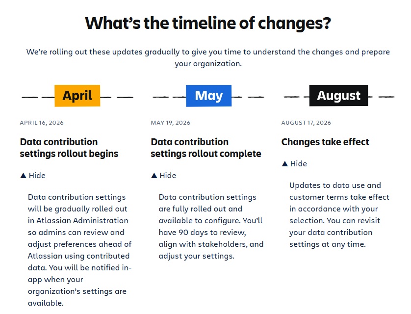 Tijdlijn van wijzigingen met data: April voor het begin van de uitrol van de instellingen, mei voor het voltooien van de uitrol van de instellingen, augustus voor het van kracht worden van de wijzigingen, met korte beschrijvingen onder elke maand.
