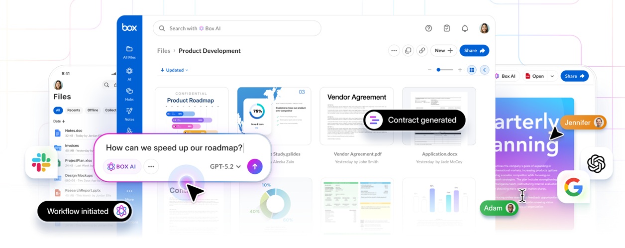 Een digitaal werkruimtedashboard met bestandsbeheer, AI-chat, workflowinitiatie, contractgeneratie en tools voor teamsamenwerking van Box, Slack, Google en ChatGPT.