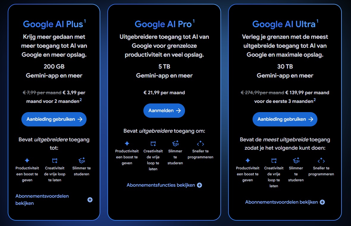 Drie abonnementsformules voor Google AI - AI Plus, AI Pro en AI Ultra - vergelijken functies zoals opslaggrootte, maandelijkse prijs en toegang tot de Gemini-app, allemaal in het Nederlands.