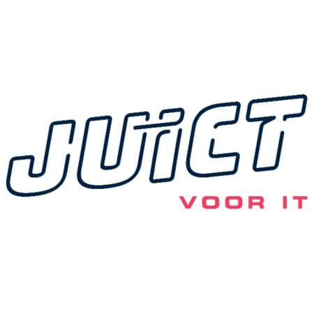 De afbeelding toont het woord "JUICT" in vette blauw omlijnde letters, met "VOOR IT" in kleinere roze letters eronder en rechts ervan.
