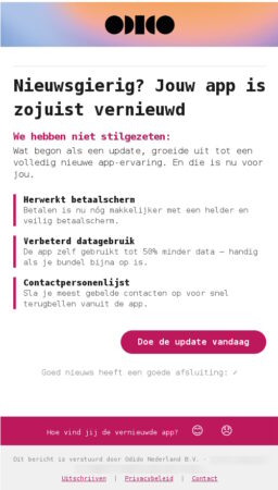 Een Nederlandstalig bericht over de app-update benadrukt een nieuw betaalscherm, beter datagebruik en een contactenlijst, met een call-to-action knop om de app vandaag nog te updaten.