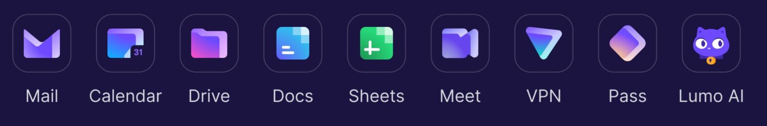 Een rij van negen app-pictogrammen met het label Mail, Calendar, Drive, Docs, Sheets, Meet, VPN, Pass en Lumo AI op een donkere achtergrond.