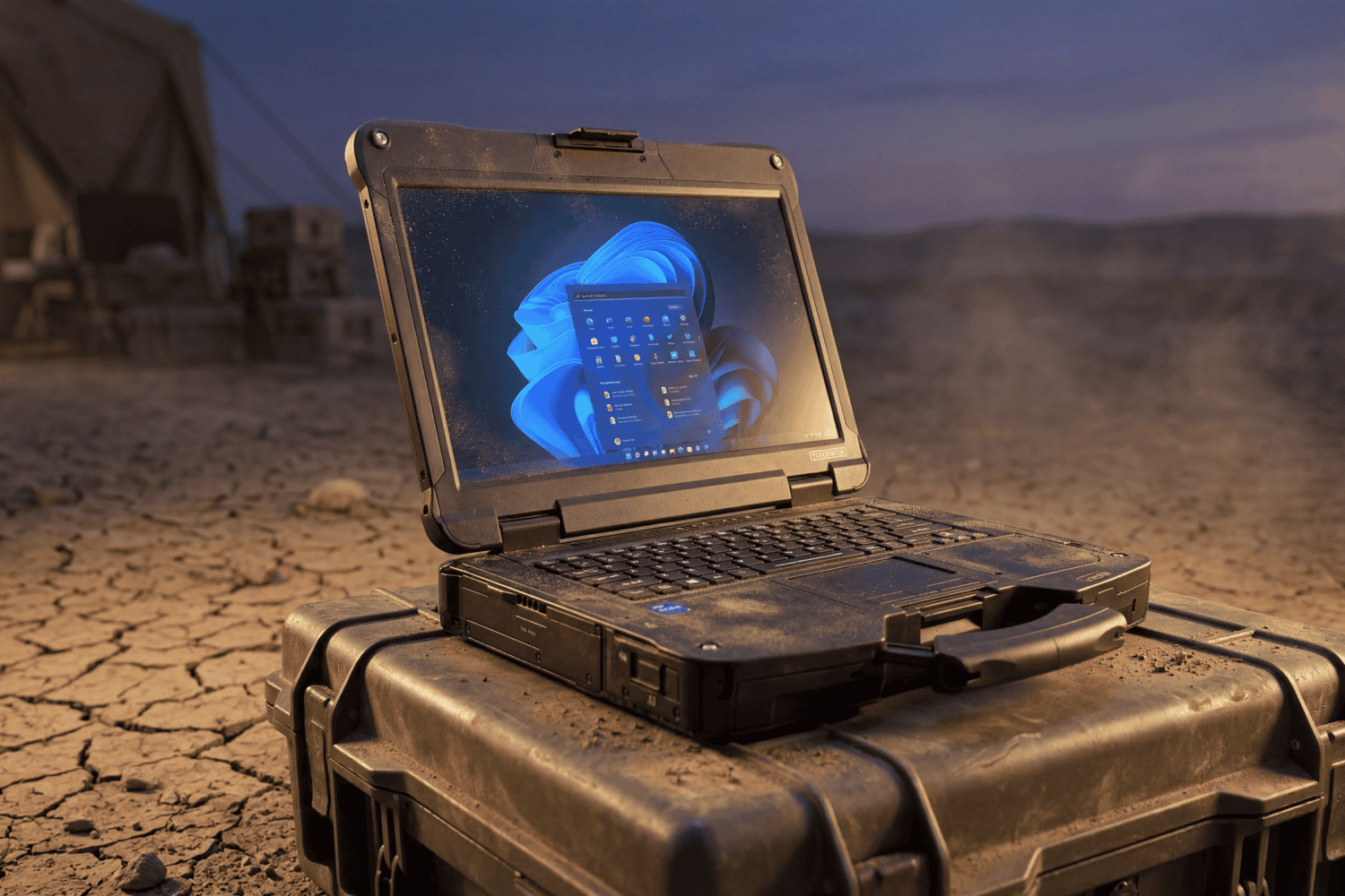 Een robuuste laptop met het startscherm van Windows 11 zit op een harde behuizing in een stoffige, gebarsten buitenomgeving in de buurt van tenten en apparatuur.