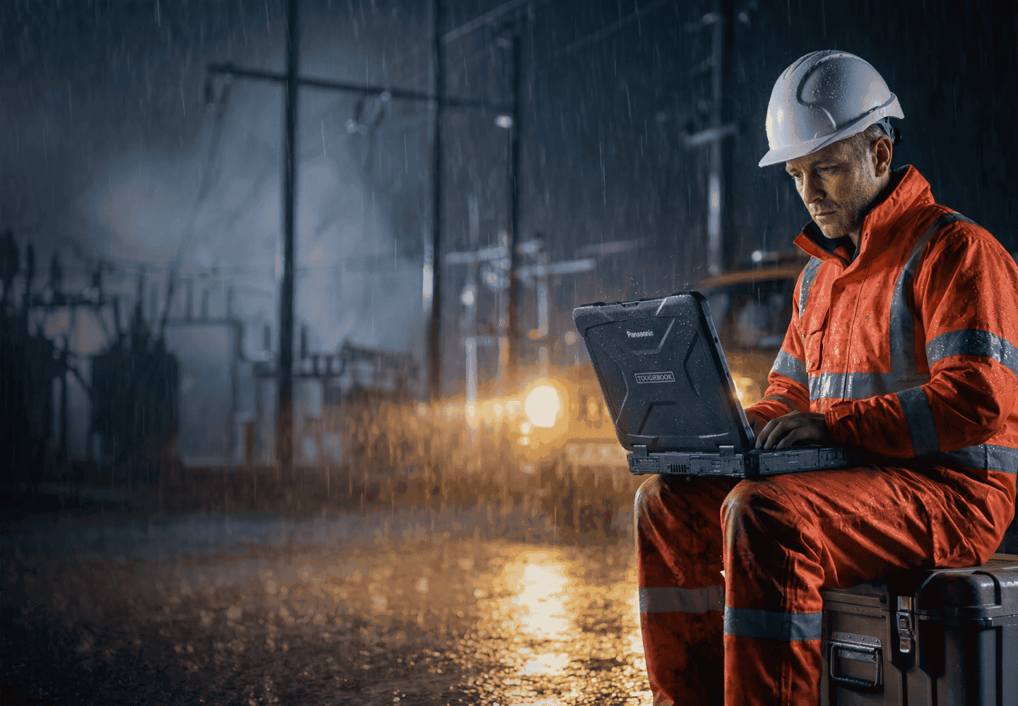 Een arbeider in oranje veiligheidsuitrusting en een witte helm gebruikt 's nachts buiten in de regen een robuuste laptop, met nutsapparatuur en koplampen van voertuigen op de achtergrond.