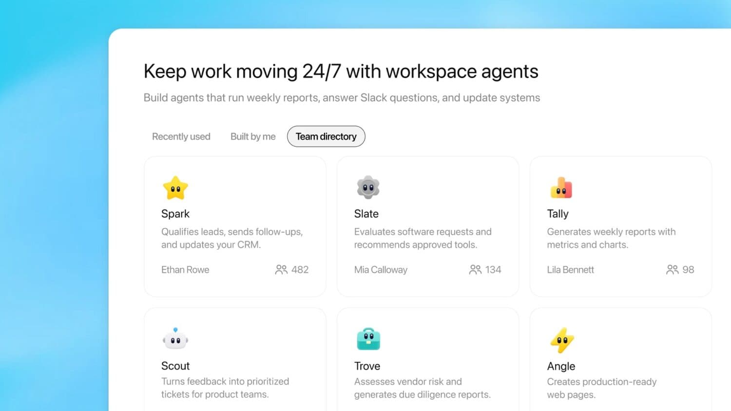 Een dashboard toont zes workspace agents, elk met een naam, beschrijving, maker en gebruiksstatistieken, onder een kop die 24/7 workflow automatisering promoot.