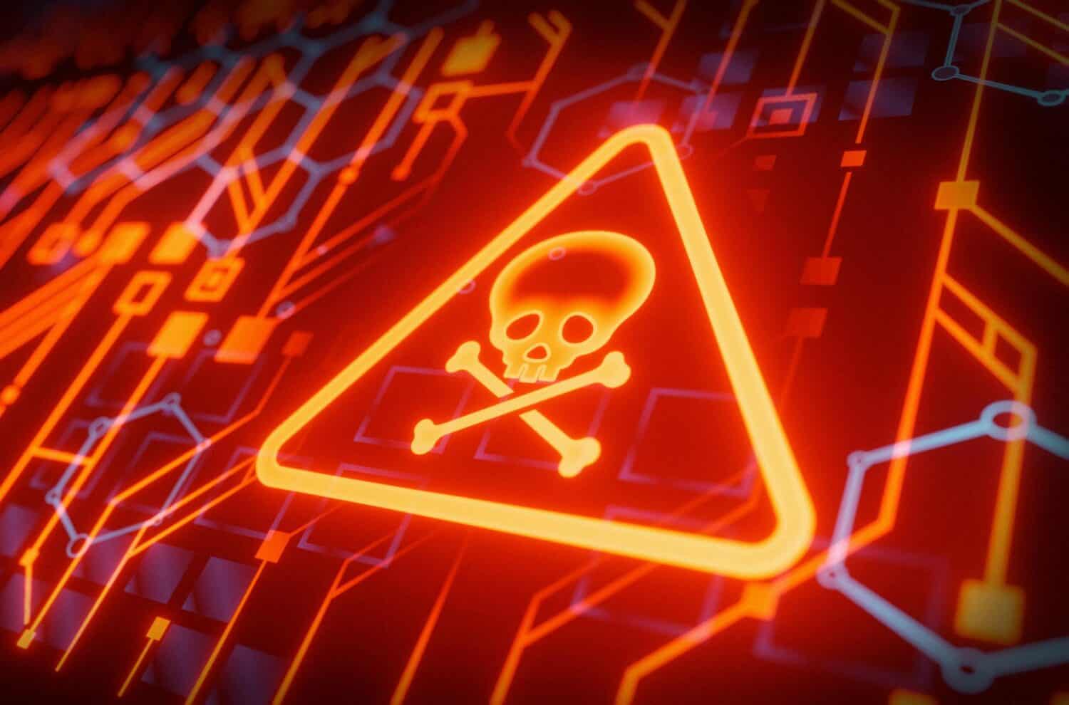 Gloeiend waarschuwingssymbool met een schedel en gekruiste botten op een digitale achtergrond, dat een waarschuwing voor ransomware of cyberbeveiliging voorstelt.