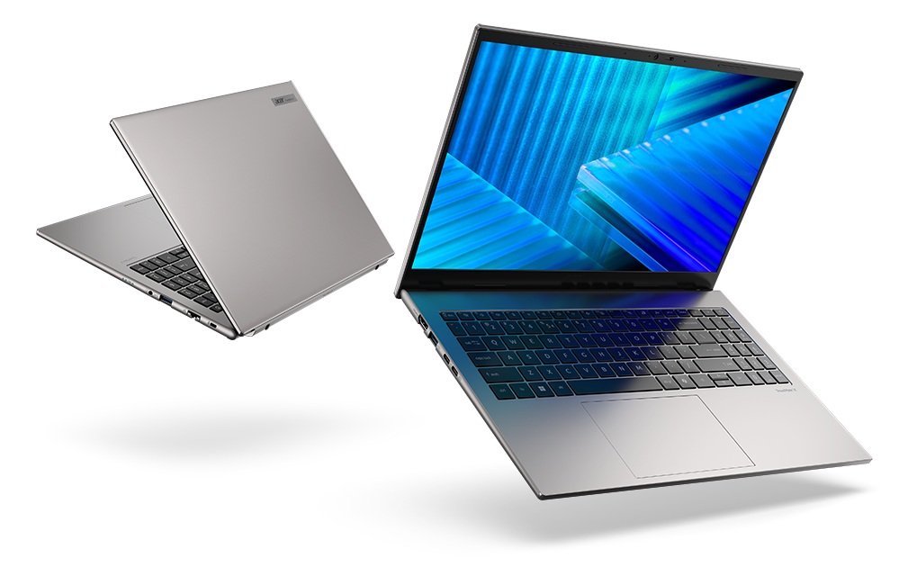 Er worden twee zilveren laptops getoond, de ene open met een blauw scherm en de andere gedeeltelijk gesloten, beide tegen een witte achtergrond.