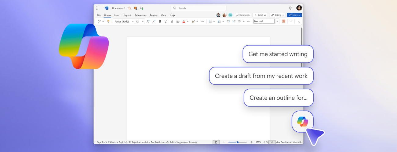Een Google Docs venster met een leeg document is geopend. Een kleurrijk Copilot AI-assistentpictogram toont drie opties: "Laat me beginnen met schrijven", "Maak een concept van mijn recente werk" en "Maak een overzicht voor...".