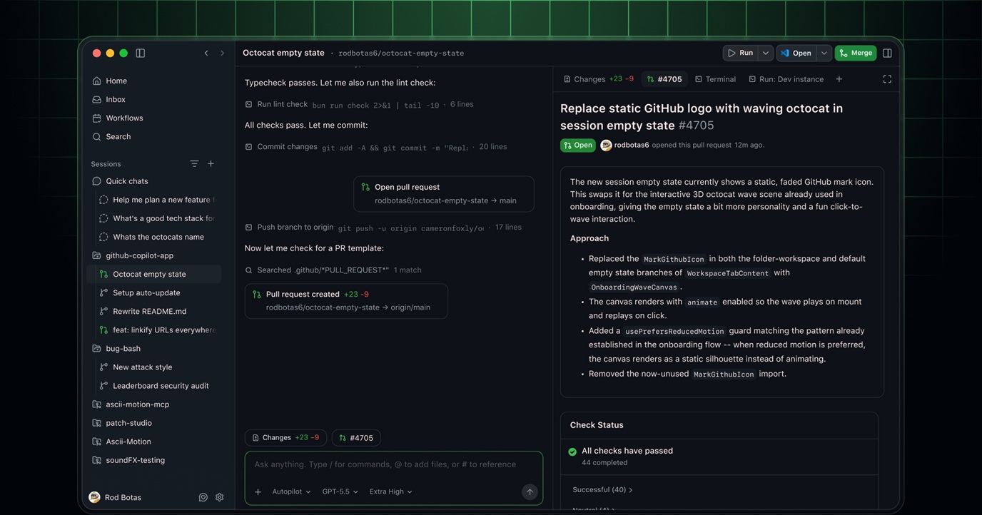Een GitHub pull request pagina in donkere modus toont een voorgestelde wijziging, commentaar, en een lijst van gerelateerde bestanden en controles op de linker zijbalk.