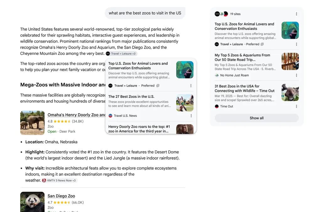 Screenshot van een Google-zoekopdracht naar de beste dierentuinen om te bezoeken in de VS, met gemarkeerde dierentuinartikelen, locatiedetails en ranglijsten van dierentuinen in een zoekresultatenpaneel.