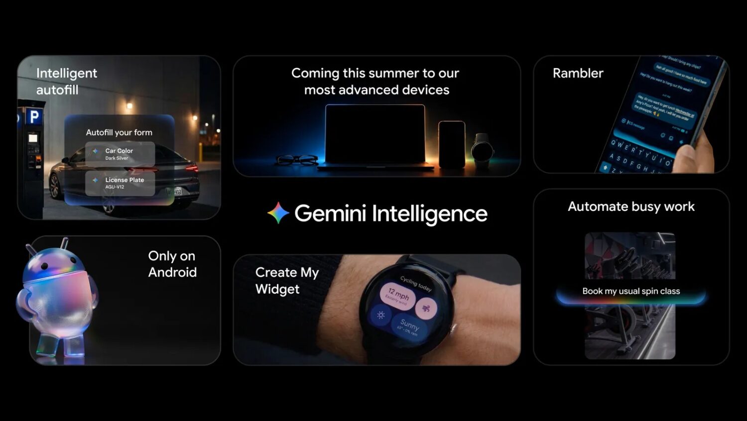 Een collage met AI-functies: een Android-telefoon in een auto, aankomende apparaten, een spraakassistent, wearable widgets en een smartwatch met het Gemini Intelligence-logo.