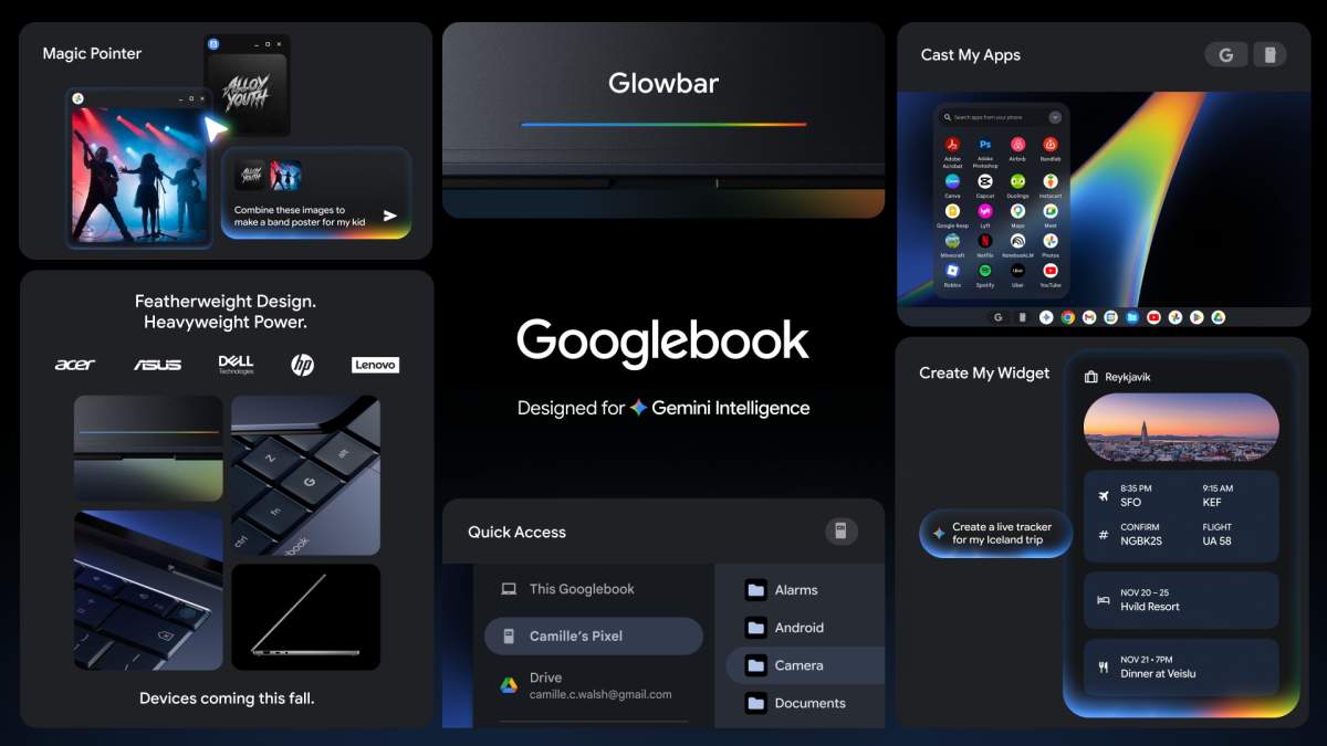 Een mockup van een digitale interface toont Googlebook-functies, waaronder app casting, widgets, snelle toegang en een toetsenbord, allemaal ontworpen met een donker thema en het Gemini Intelligence-logo.