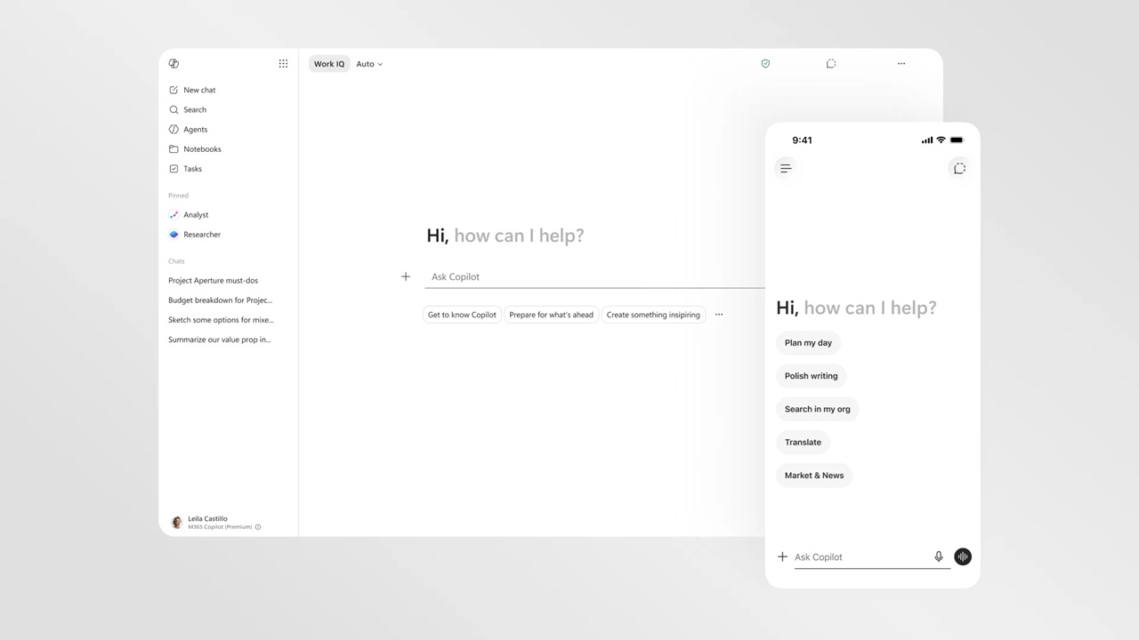 Een digitale werkruimte-interface wordt weergegeven op een computer en een mobiel apparaat, die beide een virtuele assistent prompt tonen met voorgestelde acties zoals plannen, schrijven en vertalen.