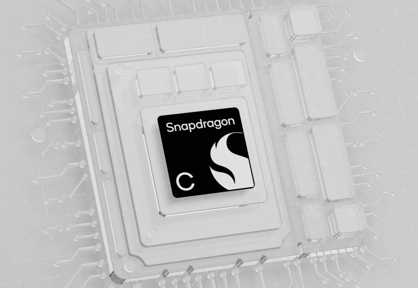 Een close-up van een computerchip met het Snapdragon-logo, omringd door een transparante printplaatlay-out.